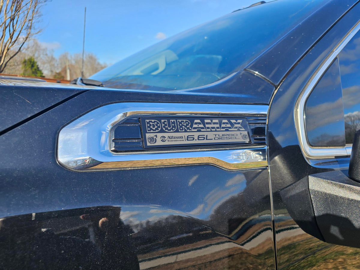 2020-2026 GMC Sierra HD | Duramax American Flag Text Fender Emblems (installed reference photo)