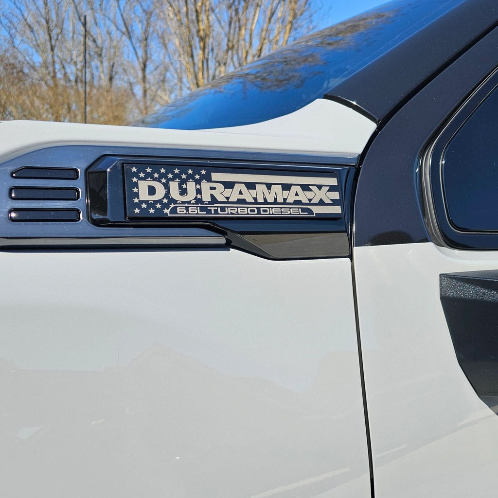 2020-2026 GMC Sierra HD | Duramax-Style American Flag Fender Emblem Inserts (Pair) (installed reference photo)
