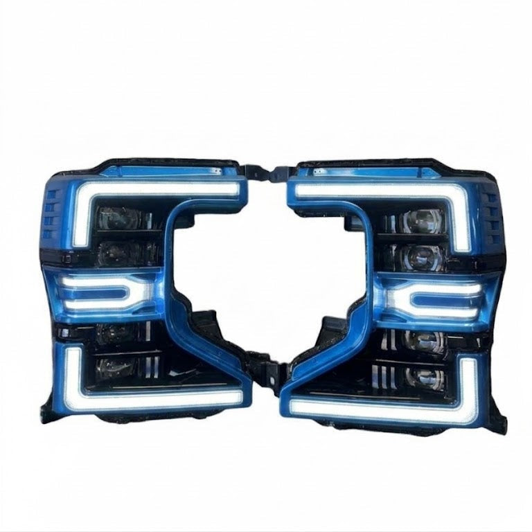 2020-2022 Ford Super Duty Morimoto XB LED headlights painted blue with DRLs on