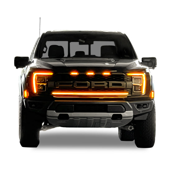 2021-2023 Ford F150 Raptor LED Grille Light Kit – Amber DRL Strip, IP67, Bolt-On, Black/Silver Bracket