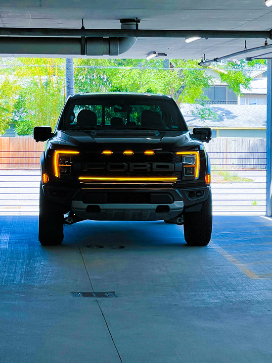 2021-2023 Ford F150 Raptor LED Grille Light Kit – Amber DRL Strip, IP67, Bolt-On, Black/Silver Bracket