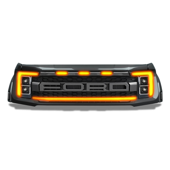 2021-2023 Ford F150 Raptor LED Grille Light Kit – Amber DRL Strip, IP67, Bolt-On, Black/Silver Bracket