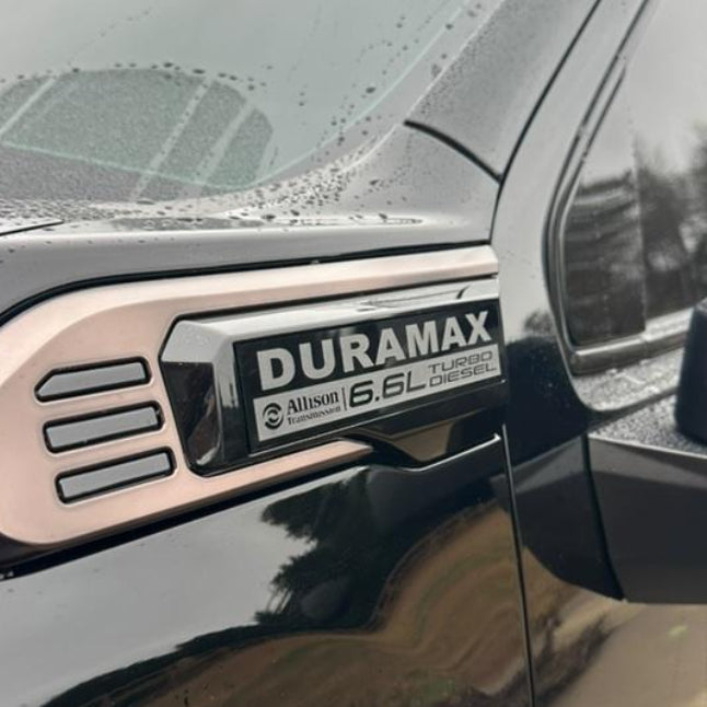 2020-2026 GMC Sierra HD | Black Duramax & Gas Fender Emblem Vent Inserts (Pair) (installed reference photo)