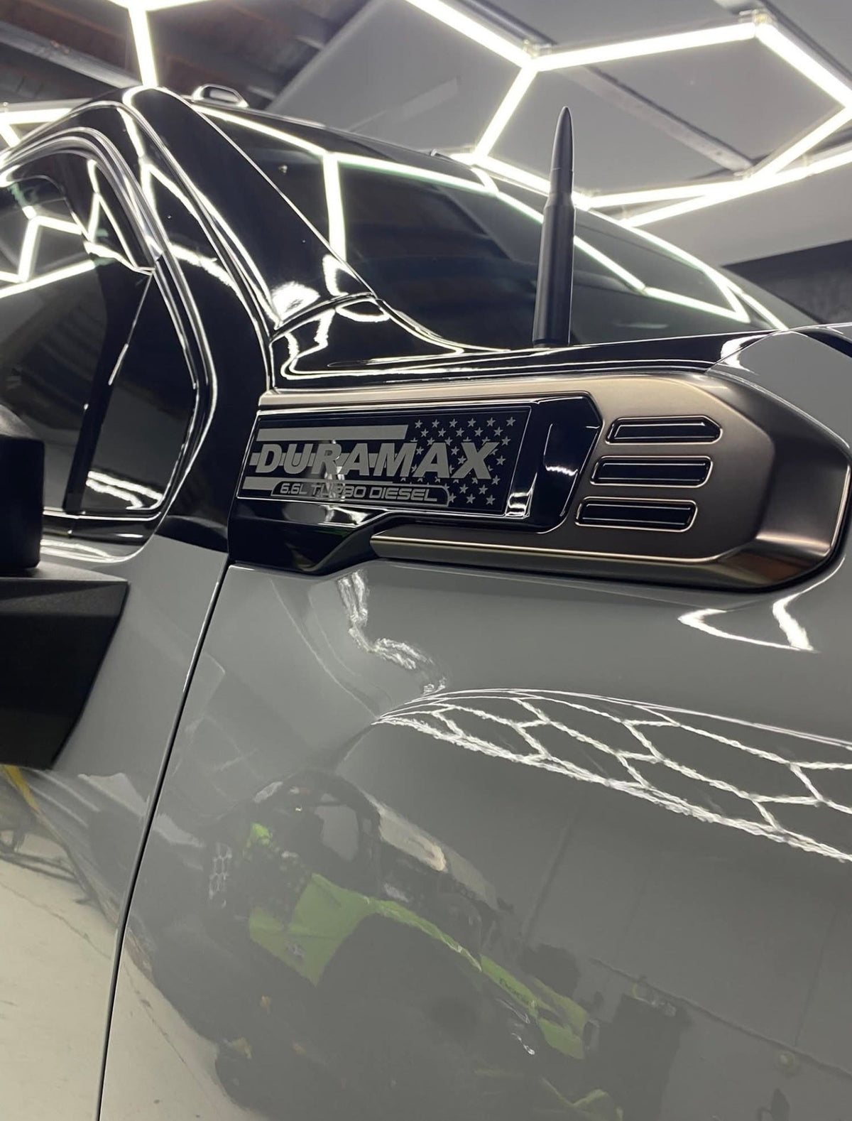 2020-2026 GMC Sierra HD | Duramax-Style American Flag Fender Emblem Inserts (Pair) (installed reference photo)