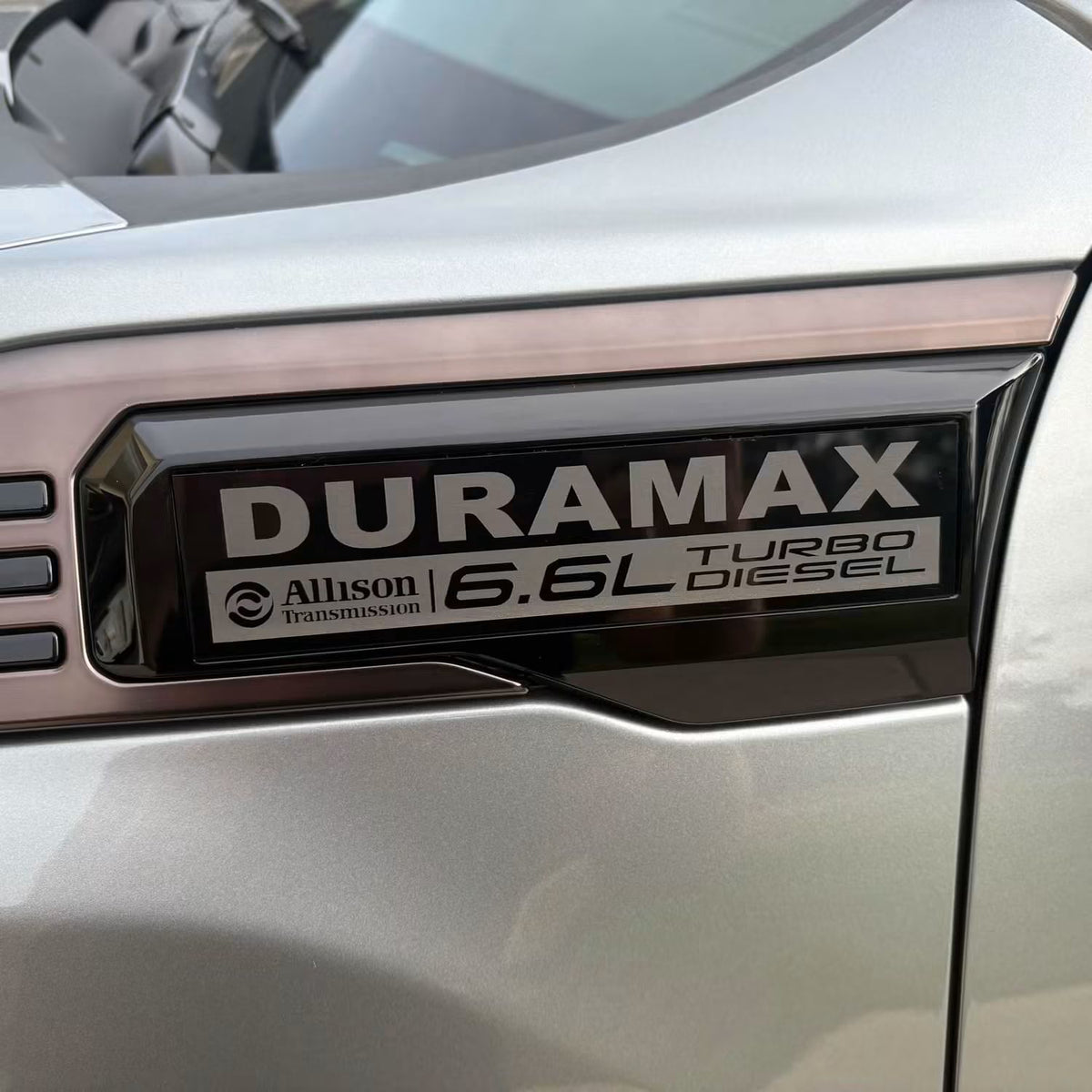 2020-2026 GMC Sierra HD | Black Duramax & Gas Fender Emblem Vent Inserts (Pair) (installed reference photo)