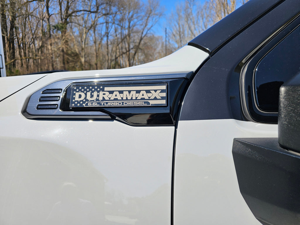 2020-2026 GMC Sierra HD | Duramax-Style American Flag Fender Emblem Inserts (Pair) (installed reference photo)